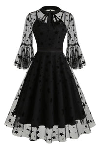 Black Illusion Neck Bell Sleeves A-line Vintage Dress with Star