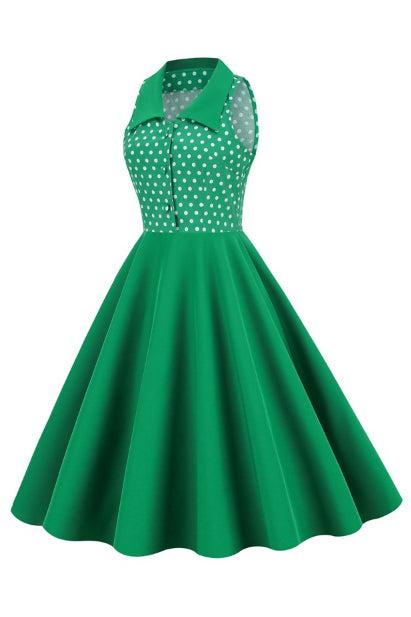 Green Shirt Collar Sleeveless Dot A-line Vintage Dress