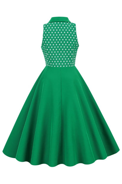 Green Shirt Collar Sleeveless Dot A-line Vintage Dress