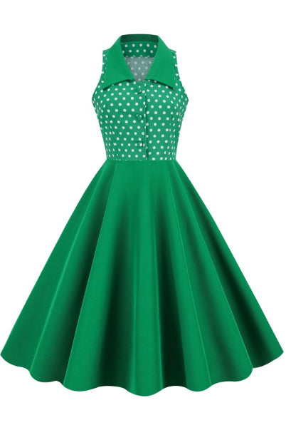 Green Shirt Collar Sleeveless Dot A-line Vintage Dress