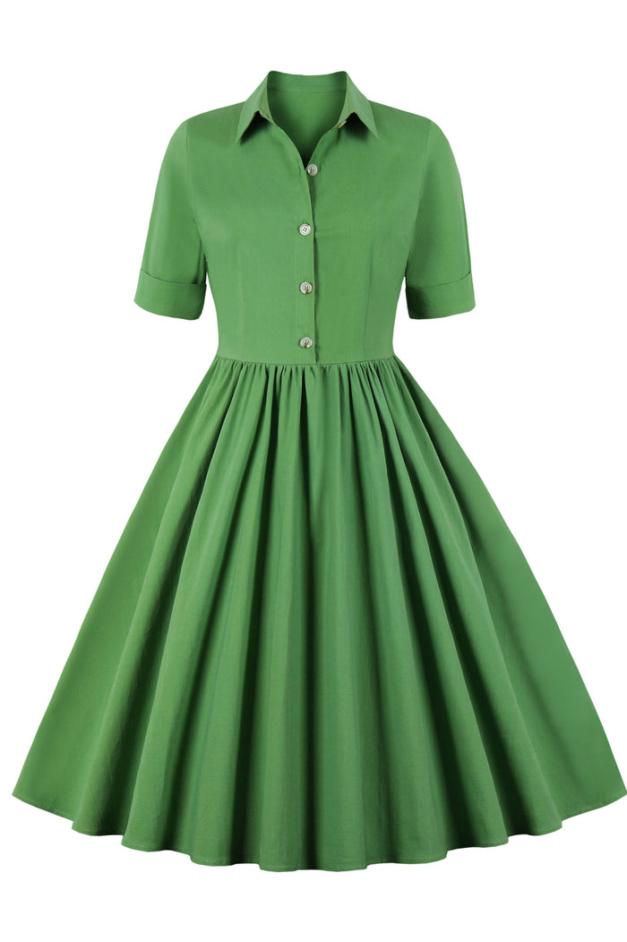 Green Shirt Collar Short Sleeves A-line Vintage Dress