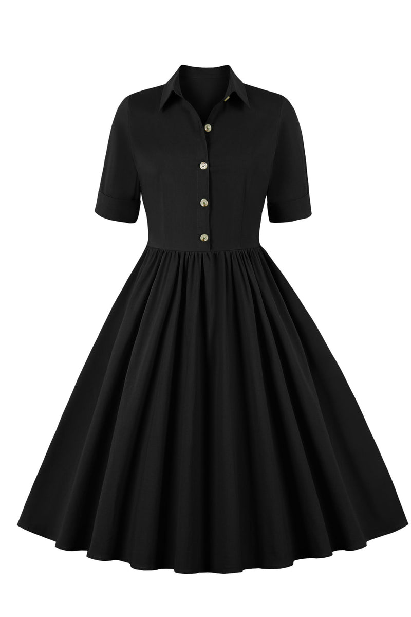 Black Shirt Collar Short Sleeves A-line Vintage Dress