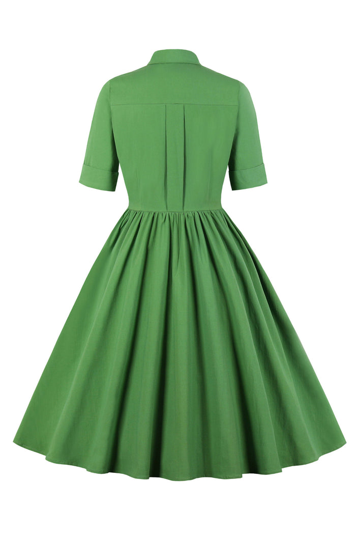 Green Shirt Collar Short Sleeves A-line Vintage Dress