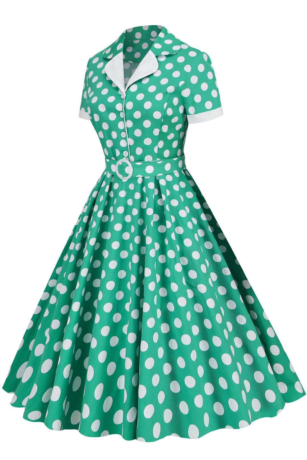 Herbene Green Dot Shirt Collar A-line Dress