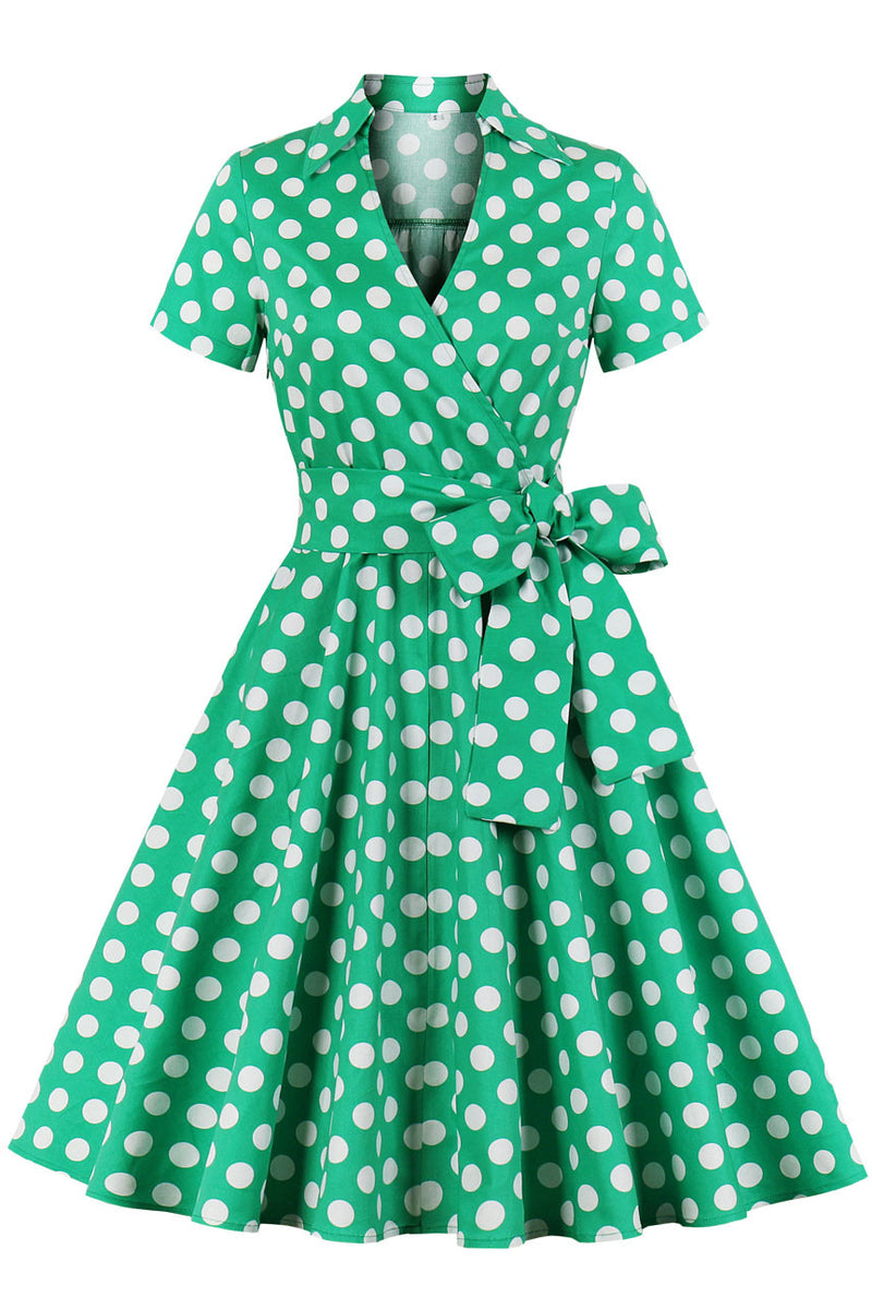 Green Dot Surplice Short Sleeves A-line Bow Tie Sash Vintage Dress