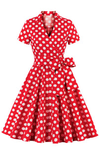 Red Dot Surplice Short Sleeves A-line Bow Tie Sash Vintage Dress