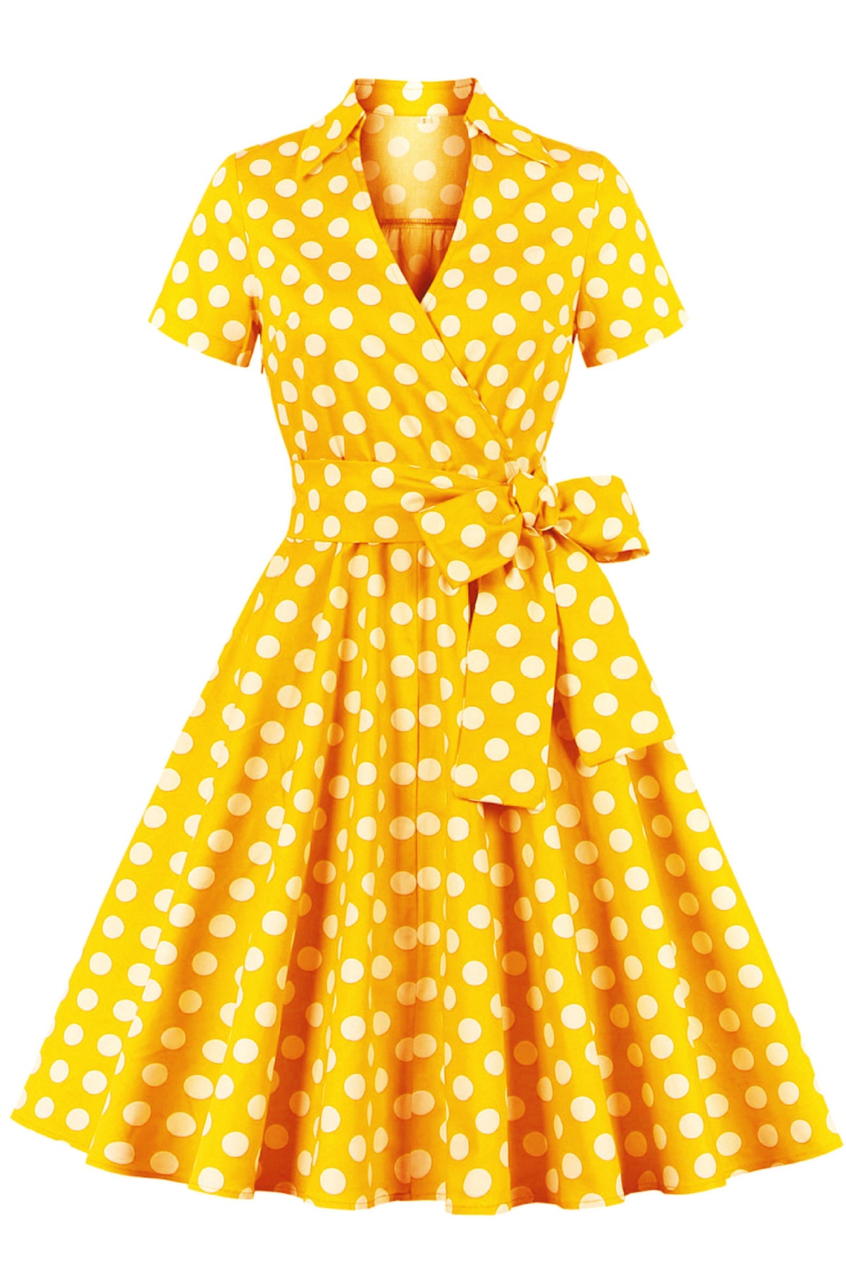 Yellow Dot Surplice Short Sleeves A-line Bow Tie Sash Vintage Dress
