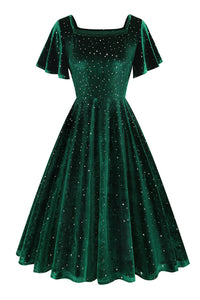 Hunter Green Beaded Flaunt Sleeves Square Neck Vintage Dress