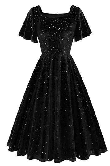 Black Beaded Flaunt Sleeves Square Neck Vintage Dress