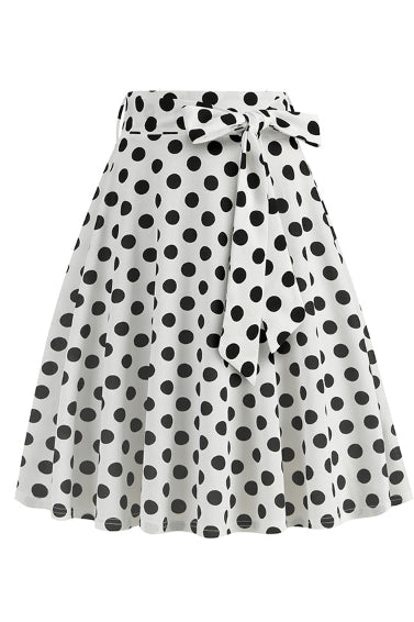 White Dotted A-line Skirt with Bow