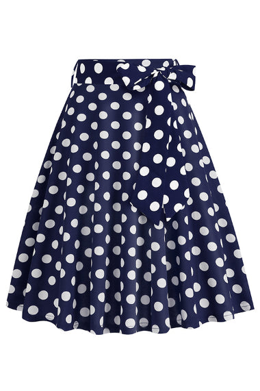 Dark Navy Dotted A-line Skirt with Bow