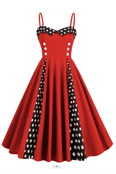 Red Dotted A-line Spaghetti Straps Vintage Dress