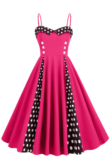Rose Pink Dotted A-line Spaghetti Straps Vintage Dress