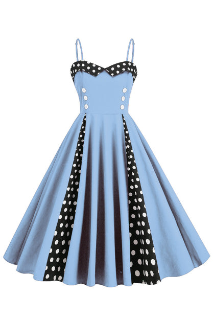 Light Blue Dotted A-line Spaghetti Straps Vintage Dress