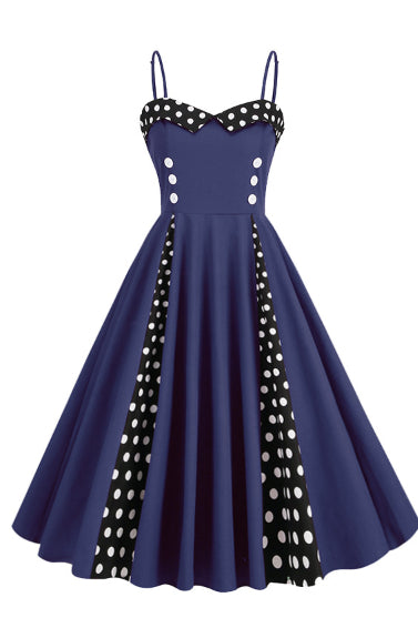Navy Blue Dotted A-line Spaghetti Straps Vintage Dress