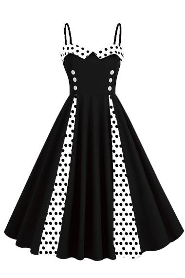 Black Dotted A-line Spaghetti Straps Vintage Dress