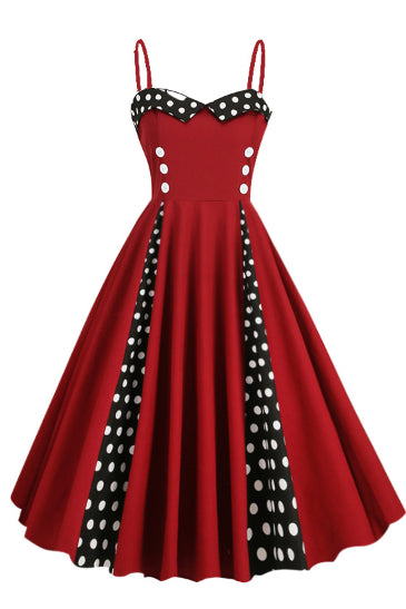Wine Red Dotted A-line Spaghetti Straps Vintage Dress