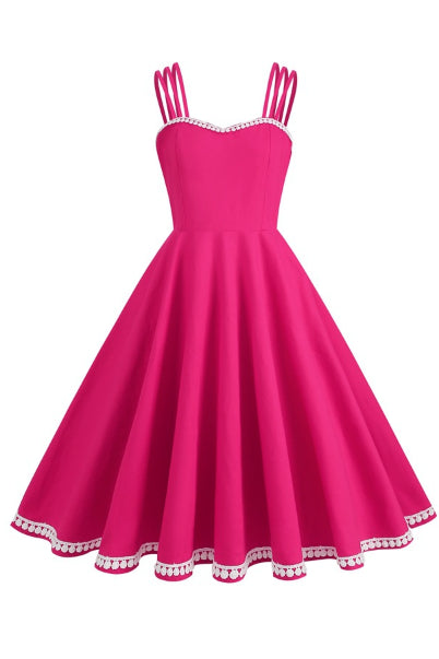 Rose Pink Spaghetti Straps Lace A-line Vintage Dress