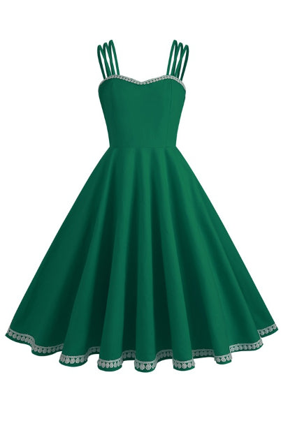 Hunter Green Spaghetti Straps Lace A-line Vintage Dress