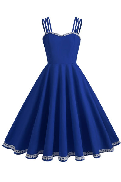Royal Blue Spaghetti Straps Lace A-line Vintage Dress