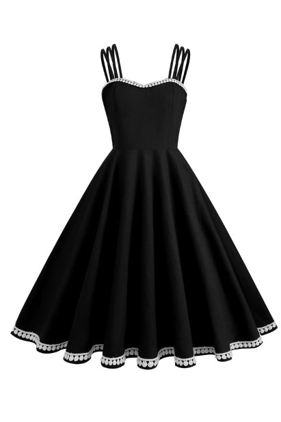 Black Spaghetti Straps Lace A-line Vintage Dress