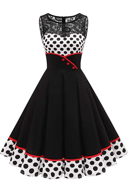 Black Lace Neck Sleeveless Dot A-line Vintage Dress
