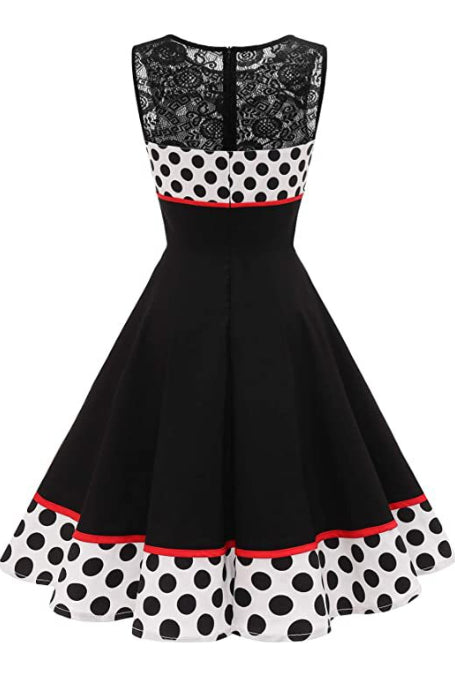 Black Lace Neck Sleeveless Dot A-line Vintage Dress