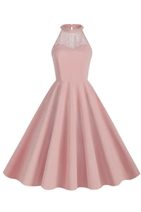 Pink  Illusion Neck Halter A-line Vintage Dress