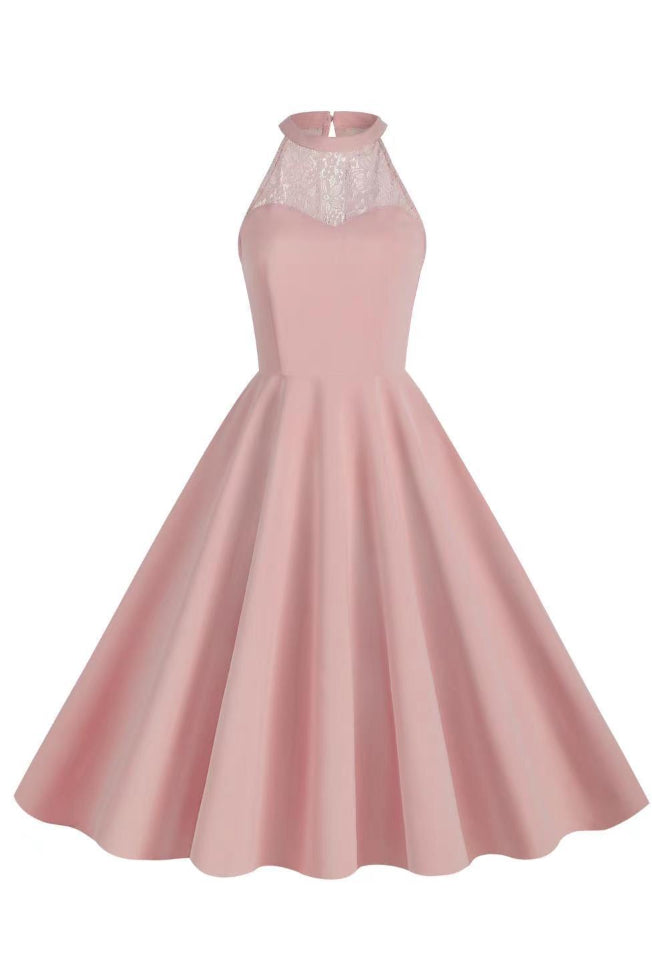 Pink  Illusion Neck Halter A-line Vintage Dress