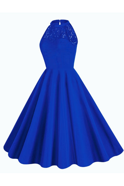Royal Blue Illusion Neck Halter A-line Vintage Dress