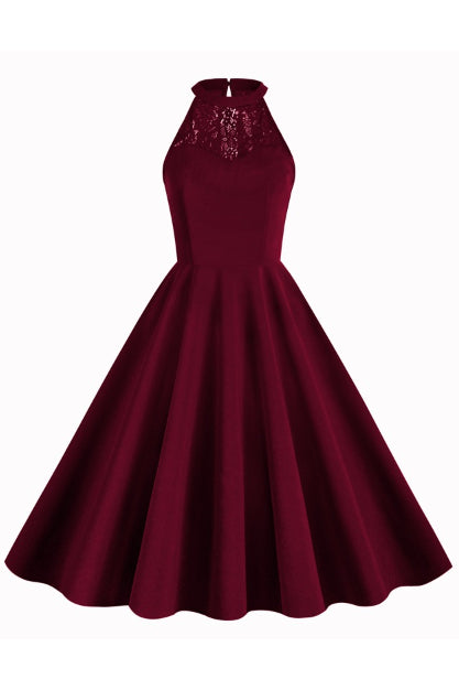 Wine Red Illusion Neck Halter A-line Vintage Dress