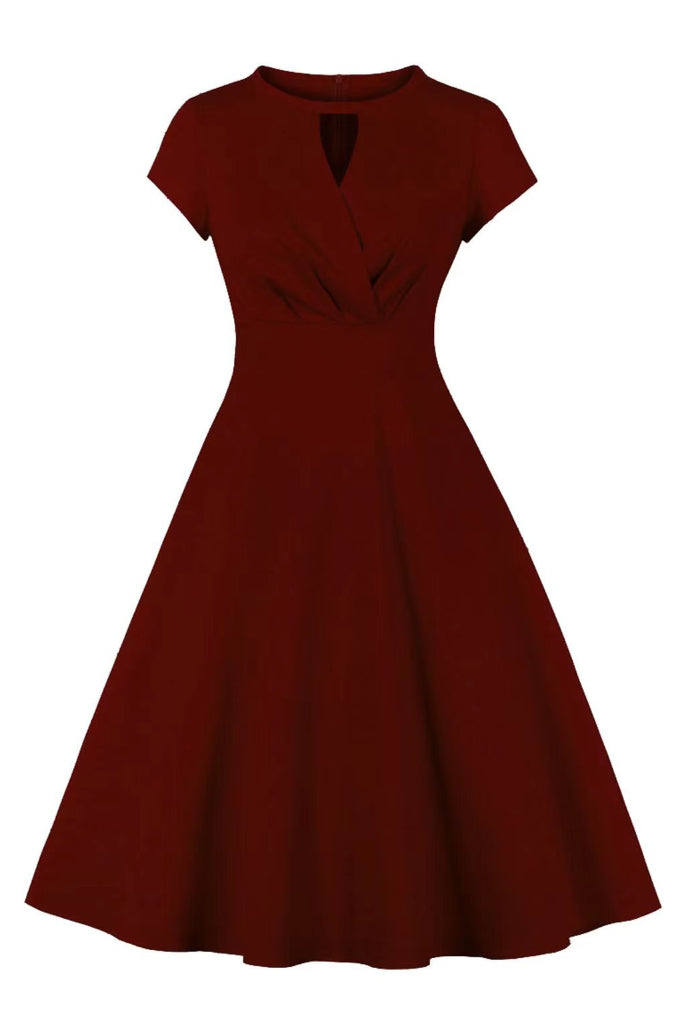 Wine Red Surplice A-line Keyhole Vintage Dress