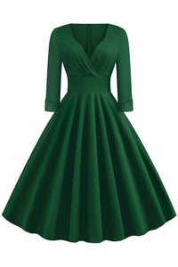 Hunter Green Surplice 1/2 Sleeves A-line Vintage Dress