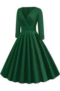 Hunter Green Surplice 1/2 Sleeves A-line Vintage Dress