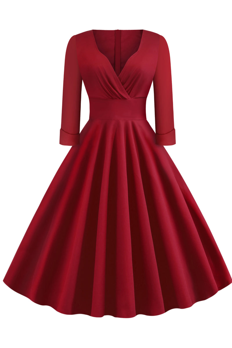 Red Surplice 1/2 Sleeves A-line Vintage Dress