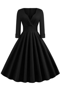 Black Surplice 1/2 Sleeves A-line Vintage Dress