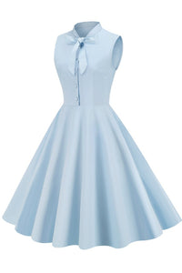 Light Blue Sleeveless Ribbon Neck A-line Vintage Dress