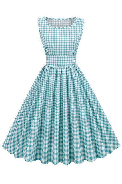 Blue Plaid Sleeveless A-line Vinatge Dress