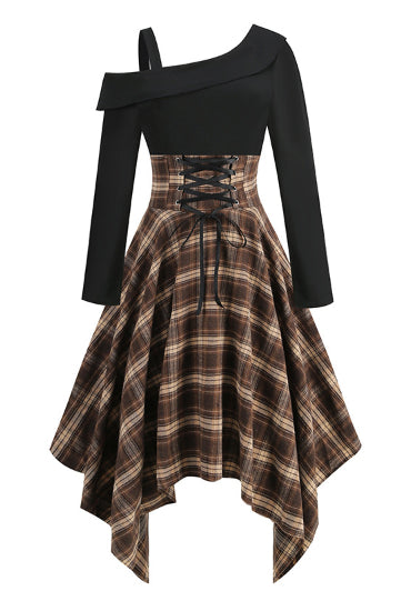 Brown Plaid Asymmetrical Long Sleeves A-line Vintage Dress
