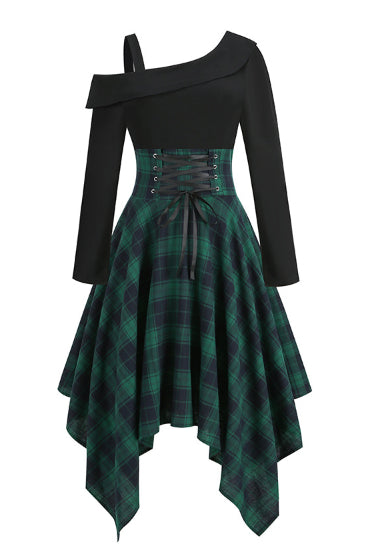 Hunter Green Plaid Asymmetrical Long Sleeves A-line Vintage Dress