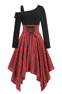 Red Plaid Asymmetrical Long Sleeves A-line Vintage Dress