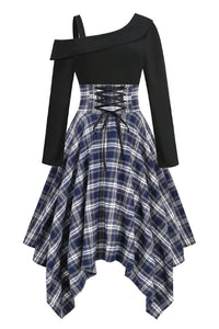 Navy Blue Plaid Asymmetrical Long Sleeves A-line Vintage Dress