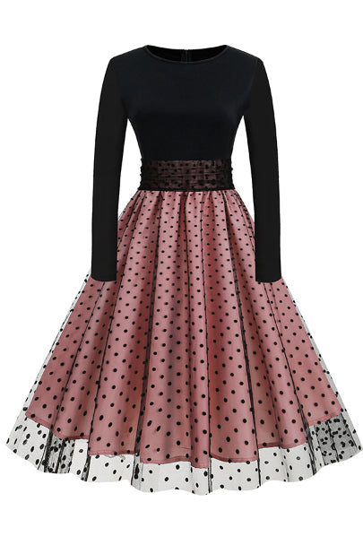 Pink A-line Dot Long Sleeves Vintage Dress