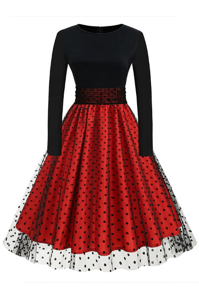 Red A-line Dot Long Sleeves Vintage Dress