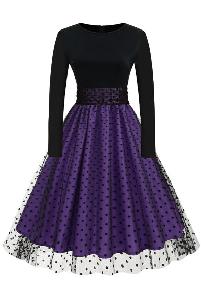 Purple A-line Dot Long Sleeves Vintage Dress