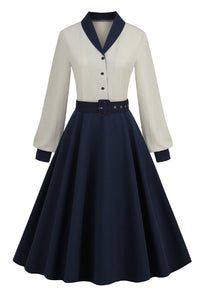 Dark Navy Folded Neck Long Sleeves A-line Vintage Dress with Belt