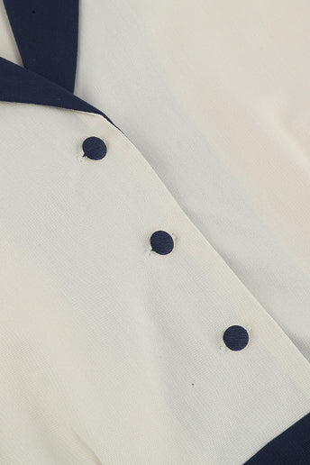 Dark Navy Folded Neck Long Sleeves A-line Vintage Dress with Belt