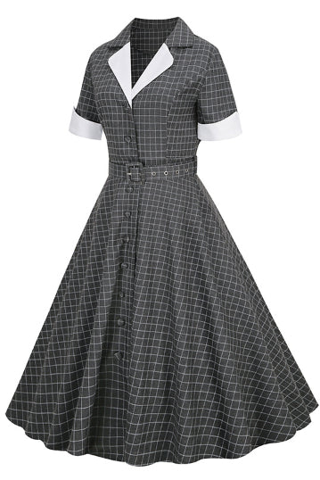Grey Lapel A-line Plaid Buttons Vintage Dress