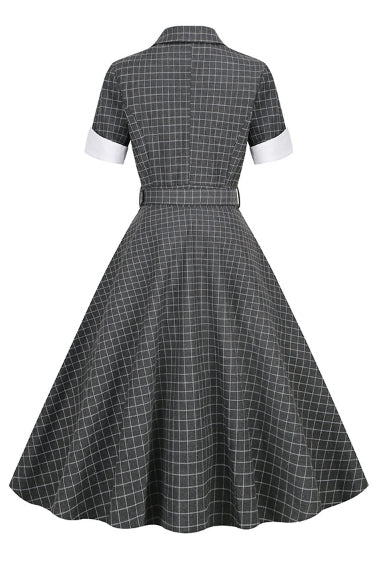 Grey Lapel A-line Plaid Buttons Vintage Dress
