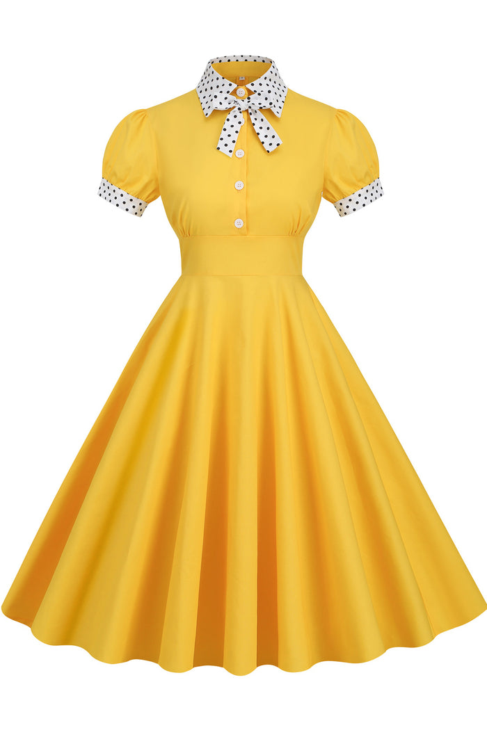 Herbene Yellow Shirt Collar A-line Dress